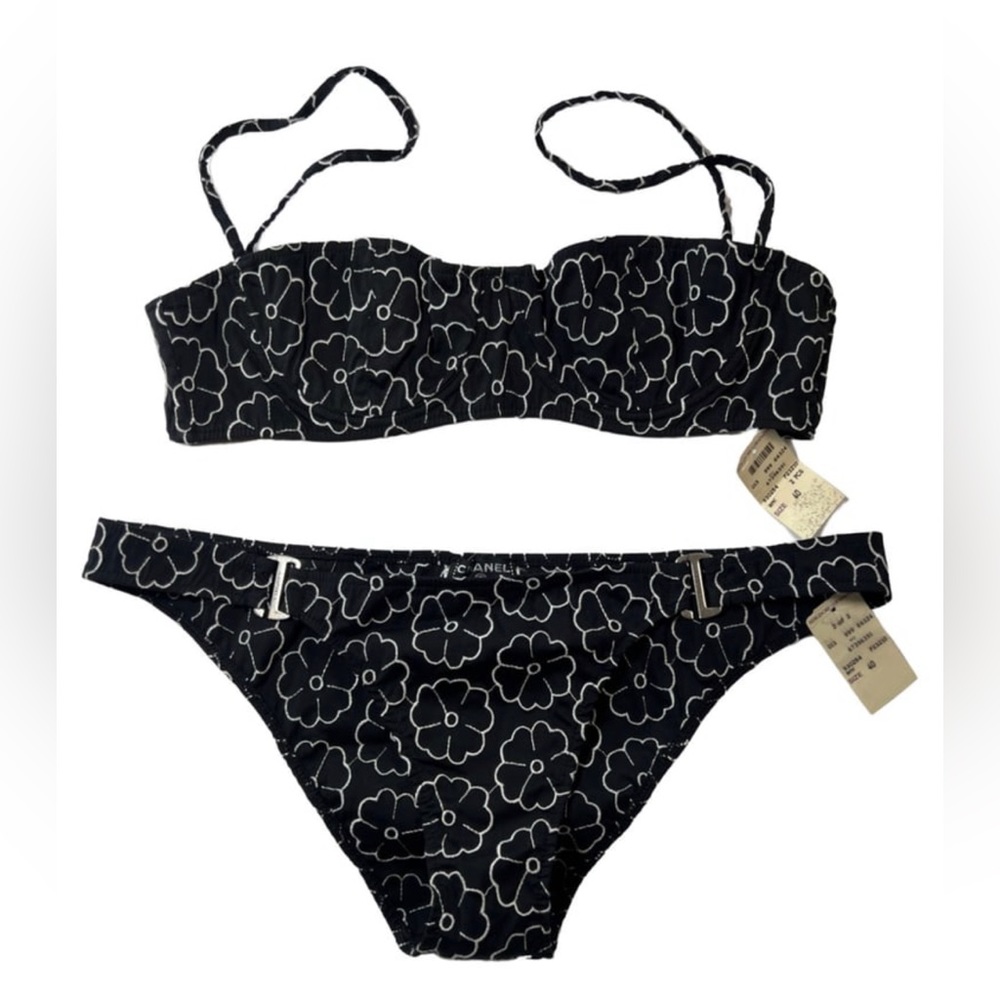 Vintage Chanel Black and White Camellia Flower Two Piece Bikini Bathing Suit